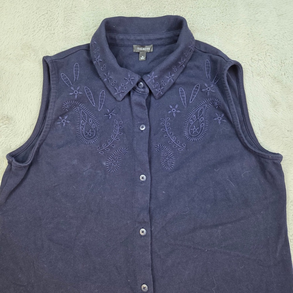 Talbots Sleeveless Button Down Women M Embroidered Paisley Floral Navy Blue Top